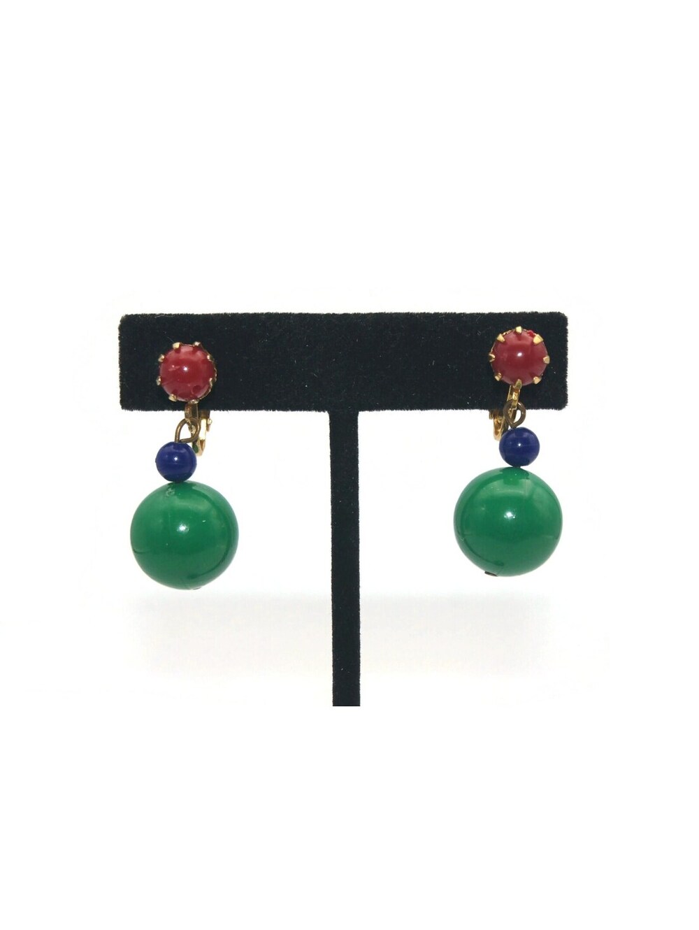 Vintage Gold Tone with Red, Blue and Green Plastic Beads Clip on Dangle Earrings